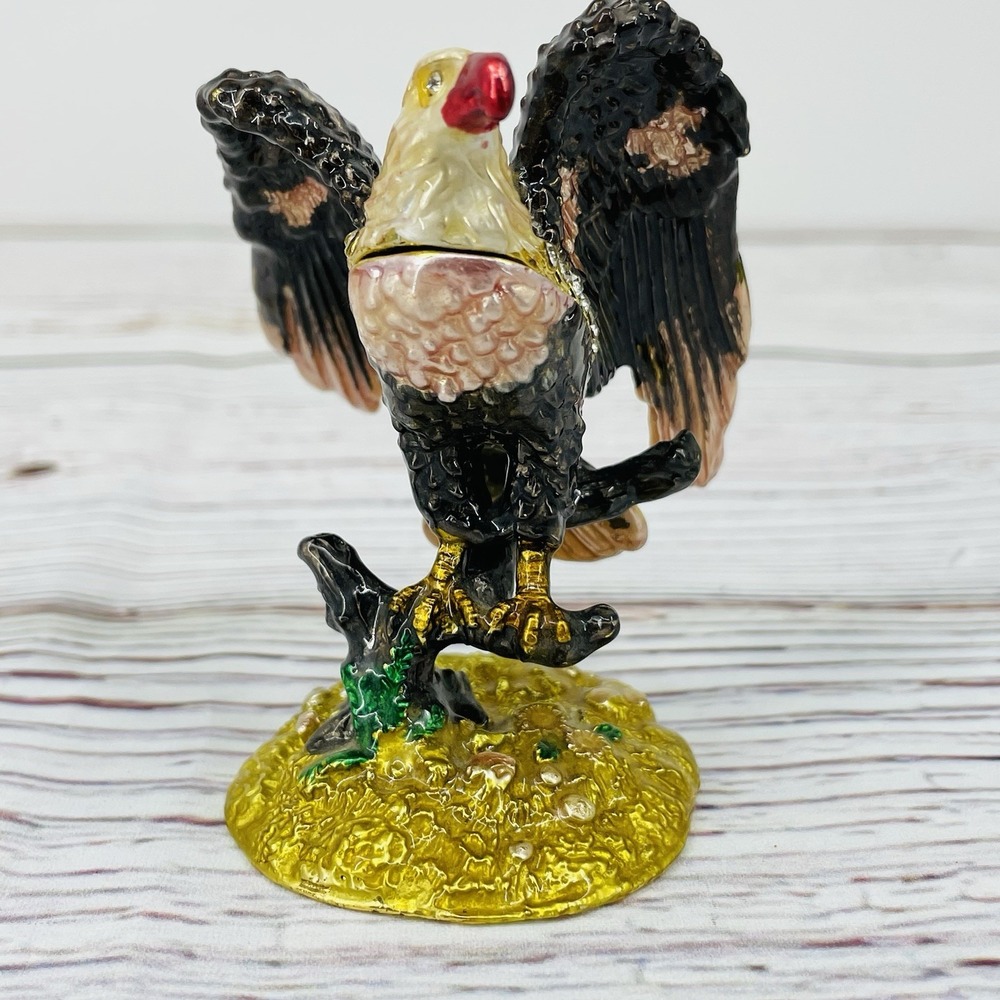 Metal Jeweled Enamel Bald Eagle Trinket Box Rhinestones - Picture 6 of 9
